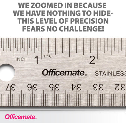 Officemate 15-Inch Flexible Stainless Steel Ruler, Metal Straight Edge Ruler with Cork Backing, 1/16 Inch and Metric Scale Markings, Tool for School, Office, Drafting, Crafts and Precision Cuts